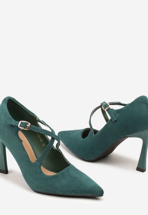 Born2be - Zielone Szpilki Vices Ozdobione Paskami Tammirea. Okazja: na co dzień. Zapięcie: pasek. Kolor: zielony. Materiał: jeans. Wzór: aplikacja. Obcas: na szpilce. Styl: elegancki, casual, klasyczny, wizytowy. Wysokość obcasa: średni