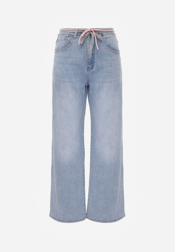 Renee - Niebieskie Jeansy Szerokie z Bawełną High Waist Ozdobione Wiązanym Sznurkiem Neviolla. Okazja: na co dzień. Stan: podwyższony. Kolor: niebieski. Wzór: aplikacja. Styl: casual