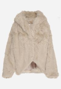 Born2be - Beżowa Kurtka Futerko z Kapturem i Kieszeniami Acantte. Okazja: na co dzień. Typ kołnierza: kaptur. Kolor: beżowy. Materiał: futro. Styl: casual, elegancki