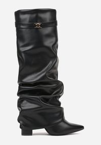 Born2be - Czarne Marszczone Kozaki na Słupku z Wywiniętą Cholewką z Klamerką Cavea. Okazja: na co dzień. Kolor: czarny. Materiał: jeans. Szerokość cholewki: normalna. Wzór: aplikacja. Obcas: na słupku. Styl: klasyczny, wizytowy, casual, elegancki. Wysokość obcasa: średni #4