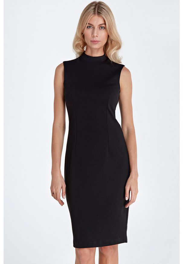 Colett - Elegancka klasyczna sukienka midi ze stójką. Okazja: do pracy. Typ kołnierza: kołnierzyk stójkowy. Materiał: dzianina, nylon. Typ sukienki: proste. Styl: elegancki, klasyczny. Długość: midi