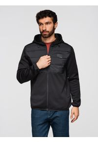 Ombre Clothing - Kurtka lekka męska z łączonych materiałów z kapturem i ozdobnym pikowaniem – czarna V5 - Rozmiar: S. Okazja: na co dzień. Typ kołnierza: kaptur. Kolor: czarny. Materiał: materiał. Wzór: aplikacja. Styl: casual #1