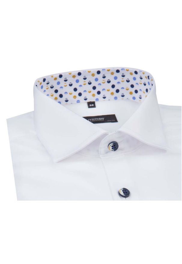 Mmer / Villaro - Koszule męskie - Biała koszula Mmer z wykończeniami w kolorowe kropki A092. Kolor: biały. Materiał: bawełna, tkanina. Długość: długie. Wzór: kolorowy, kropki