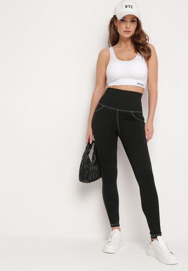 Born2be - Czarne Legginsy z Wysokim Stanem Stylizowane na Jeansy Elayn. Okazja: na co dzień. Stan: podwyższony. Kolor: czarny. Materiał: jeans. Styl: elegancki, casual, klasyczny