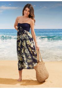 Sukienka plażowa z dekoltem bandeau bonprix niebiesko-żółty w kwiaty. Okazja: na plażę. Kolor: niebieski. Wzór: kwiaty. Styl: elegancki #3