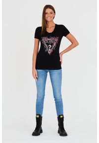 Guess - GUESS Czarny damski t-shirt bawełniany z logo, Rozmiar S. Kolor: czarny. Materiał: bawełna. Wzór: nadruk #4
