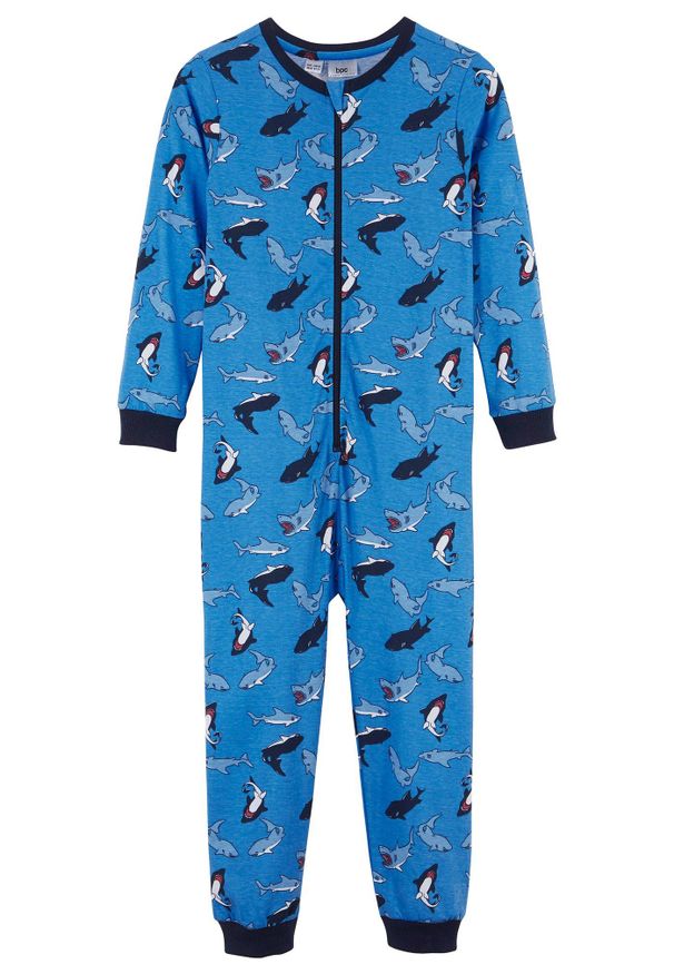 bonprix - Piżama jednoczęściowa z czystej bawełny organicznej. Kolor: niebieski. Materiał: bawełna. Wzór: nadruk, aplikacja