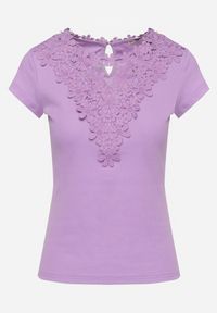 Born2be - Fioletowy Bawełniany T-shirt z Koronkową Wstawką Thinara. Kolor: fioletowy. Materiał: bawełna, koronka #5