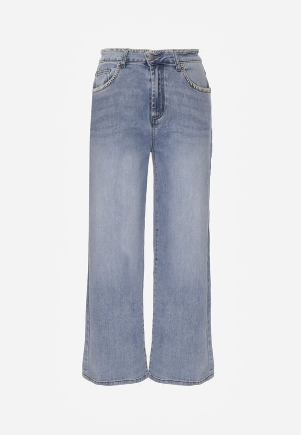 Renee - Niebieskie Szerokie Jeansy High Waist z Przeszyciami Tryphile. Okazja: na co dzień. Stan: podwyższony. Kolor: niebieski. Styl: casual, elegancki