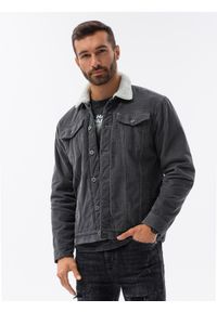 Ombre Clothing - Kurtka męska sztruksowa typu sherpa – grafitowa V7. Okazja: na co dzień. Kolor: szary. Materiał: sztruks. Styl: casual, elegancki