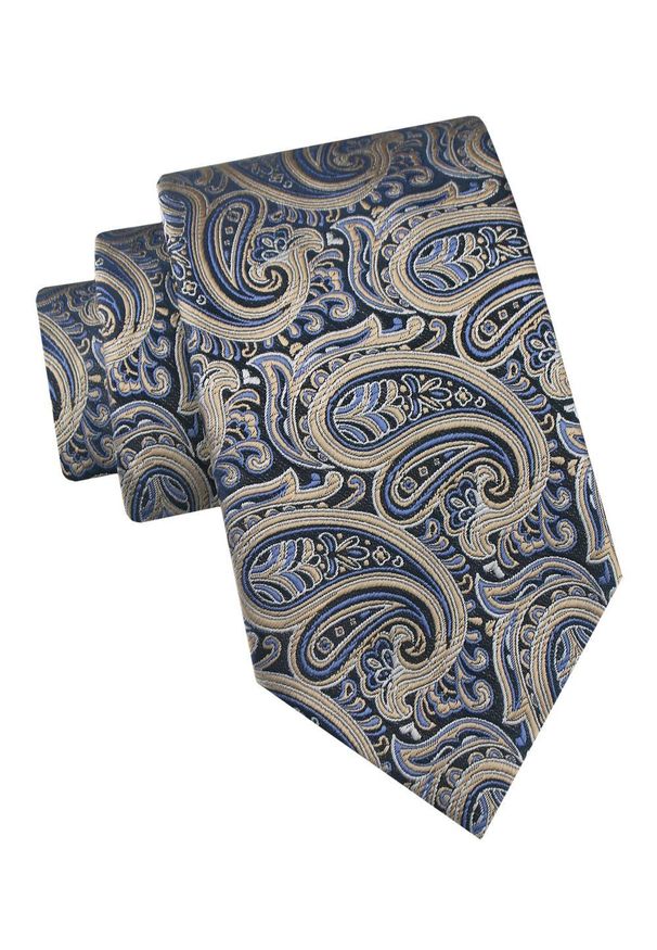 Klasyczny Krawat Męski - Chattier - Duże Paisley, Złoto i Granat. Kolor: żółty, wielokolorowy, niebieski, złoty. Materiał: tkanina. Wzór: paisley. Styl: klasyczny