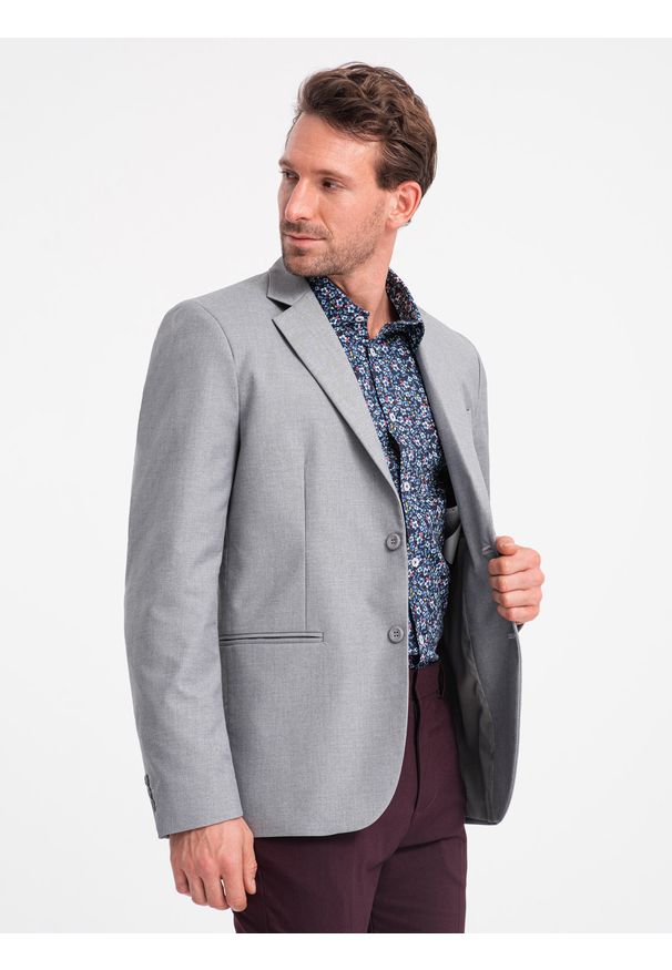 Ombre Clothing - Klasyczna marynarka męska z kieszenią na poszetkę - szara V1 - Rozmiar: M. Kolor: szary. Materiał: poliester. Styl: klasyczny
