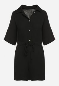 Born2be - Czarny Muślinowy Kombinezon z Bawełny Wiązany w Talii z Guzikami Dlirena. Kolor: czarny. Materiał: bawełna. Długość rękawa: krótki rękaw. Długość: krótkie. Styl: elegancki #2