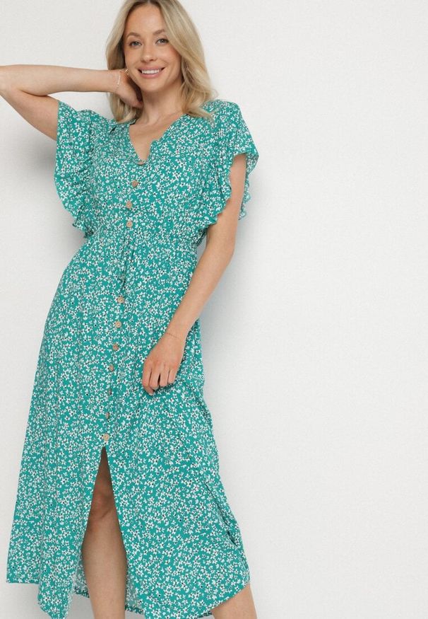 Born2be - Zielona Bawełniana Sukienka z Gumką w Talii w Drobne Kwiatki Nulinea. Okazja: na co dzień. Typ kołnierza: dekolt w serek. Kolor: zielony. Materiał: bawełna. Wzór: kwiaty. Typ sukienki: rozkloszowane. Styl: elegancki, casual, klasyczny