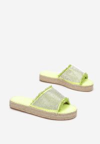 Renee - Zielone Klapki Nesishis. Nosek buta: otwarty. Kolor: zielony. Materiał: materiał. Wzór: aplikacja. Sezon: lato. Obcas: na platformie #6
