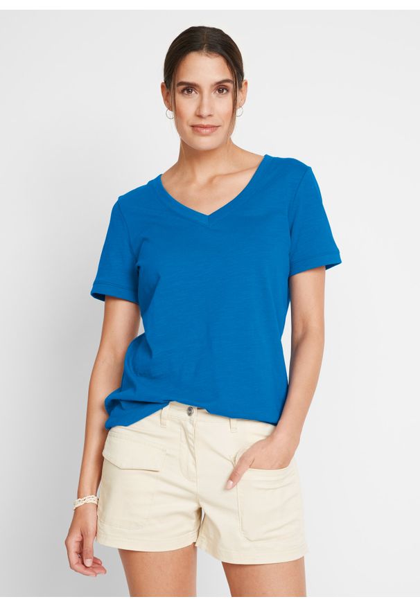 bonprix - T-shirt z dekoltem w serek. Typ kołnierza: dekolt w serek. Kolor: niebieski. Materiał: bawełna. Długość rękawa: krótki rękaw. Długość: krótkie