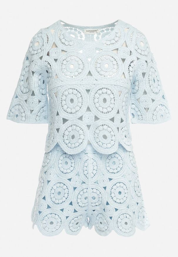 Born2be - Jasnoniebieski Bawełniany Komplet Ażurowy z Bluzką i Szortami Orilve. Kolor: niebieski. Materiał: bawełna. Wzór: ażurowy