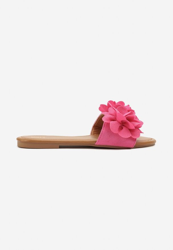 Born2be - Fuksjowe Klapki z Kwiatkami na Pasku Veni. Kolor: różowy. Wzór: kwiaty. Sezon: lato. Obcas: na obcasie. Styl: elegancki. Wysokość obcasa: niski
