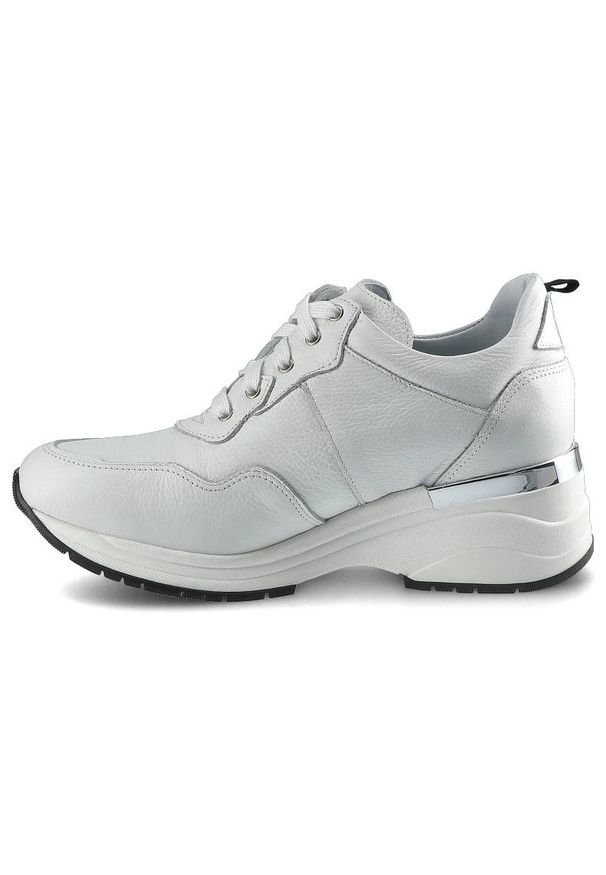 Białe Sneakersy Karino Damskie Modne Półbuty. Kolor: biały. Materiał: skóra. Szerokość cholewki: normalna. Wzór: aplikacja, gładki. Obcas: na platformie. Styl: sportowy