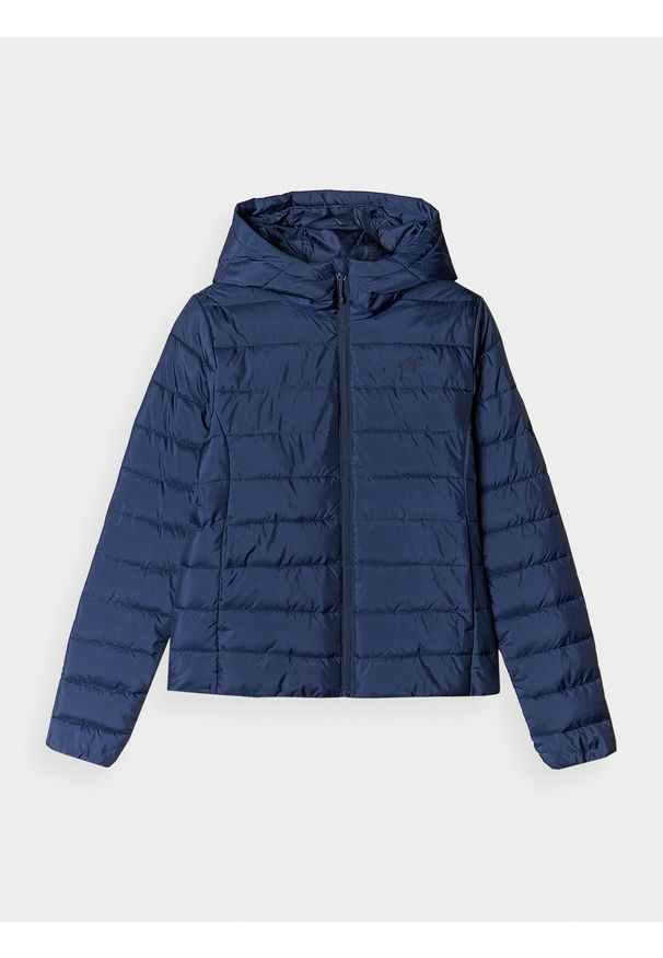 4f - 4F Kurtka puchowa z wypełnieniem z recyklingu damska - granatowa S. Okazja: na co dzień. Typ kołnierza: kaptur, kołnierzyk stójkowy. Kolor: niebieski. Materiał: puch. Długość: długie. Styl: klasyczny, casual, sportowy