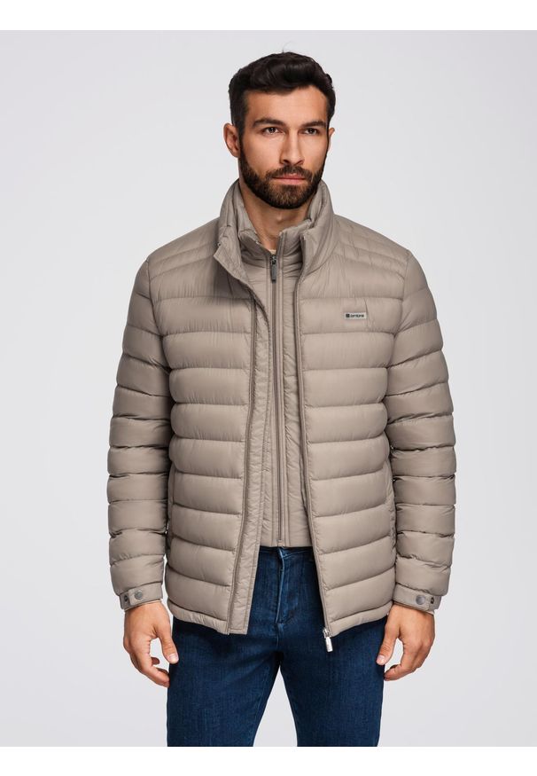 Ombre Clothing - Męska pikowana kurtka z dwoma zapięciami - ciemnobeżowa V4 - Rozmiar: XL. Okazja: na co dzień. Kolor: beżowy. Materiał: nylon, tkanina, poliester, materiał. Wzór: gładki, aplikacja. Styl: klasyczny, casual, elegancki
