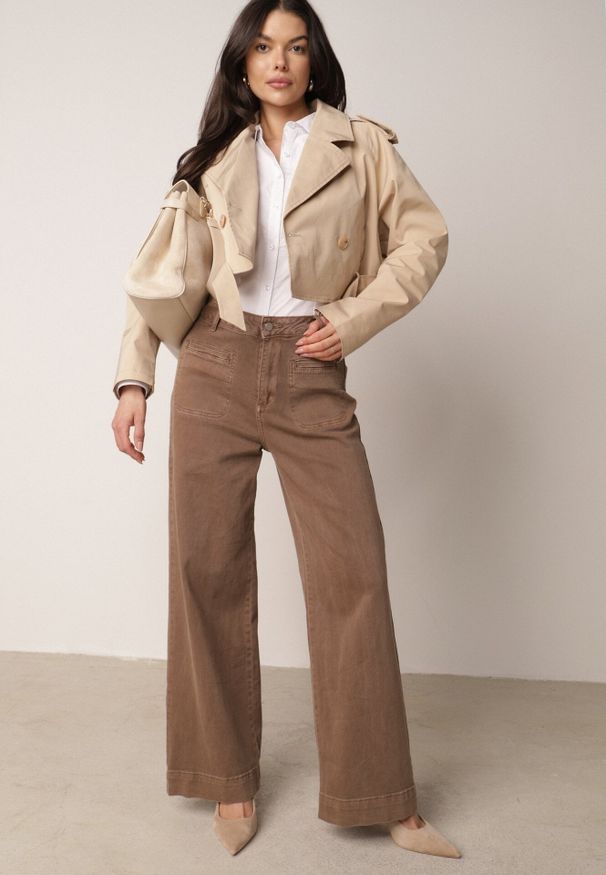 Born2be - Brązowe Bawełniane Jeansy o Szerokim Kroju z Wysokim Stanem Kyltyse. Okazja: do pracy, na co dzień. Stan: podwyższony. Kolor: brązowy. Długość: krótkie. Styl: casual