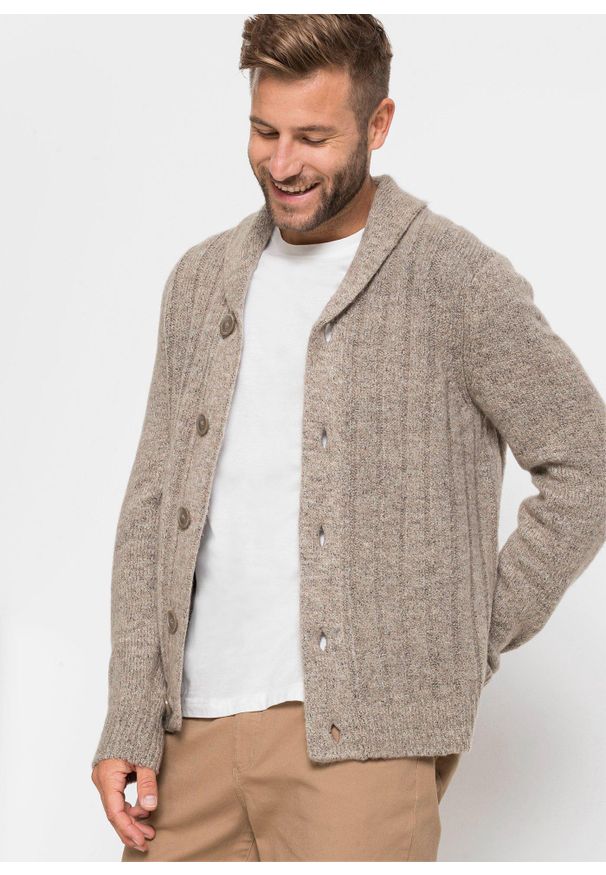 bonprix - Sweter rozpinany w prążkowany wzór. Kolor: beżowy. Materiał: dzianina, prążkowany. Wzór: prążki. Styl: klasyczny