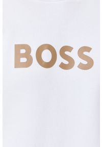 BOSS bluza bawełniana damska kolor biały z kapturem z nadrukiem. Okazja: na co dzień. Typ kołnierza: kaptur. Kolor: biały. Materiał: bawełna. Długość rękawa: długi rękaw. Długość: długie. Wzór: nadruk. Styl: casual #5