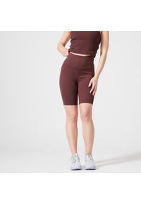 DOMYOS - Legginsy krótkie fitness damskie Nyamba 520. Stan: podwyższony. Kolor: brązowy. Materiał: materiał, bawełna, poliester, elastan. Długość: krótkie. Sport: fitness