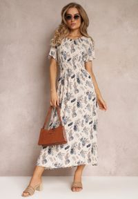 Renee - Beżowa Wiskozowa Sukienka Maxi w Kwiaty Gumką w Pasie Shyle. Kolor: beżowy. Materiał: wiskoza. Długość rękawa: krótki rękaw. Wzór: kwiaty. Sezon: lato, wiosna. Długość: maxi #2