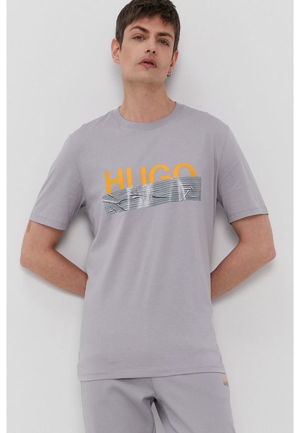 Hugo - T-shirt z kolekcji urodzinowej. Okazja: na urodziny. Kolor: szary. Wzór: nadruk. Styl: casual