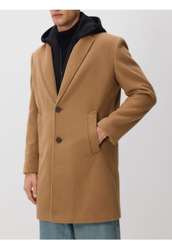 Reserved - Długi płaszcz z kapturem - beżowy. Typ kołnierza: kaptur. Kolor: beżowy. Materiał: dzianina. Długość: długie