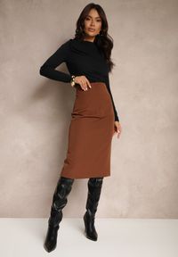 Renee - Brązowa Spódnica o Ołówkowym Kroju High Waist z Rozcięciem z Tyłu Liozia. Okazja: na spotkanie biznesowe. Stan: podwyższony. Kolor: brązowy. Materiał: jedwab. Wzór: gładki. Styl: elegancki, biznesowy