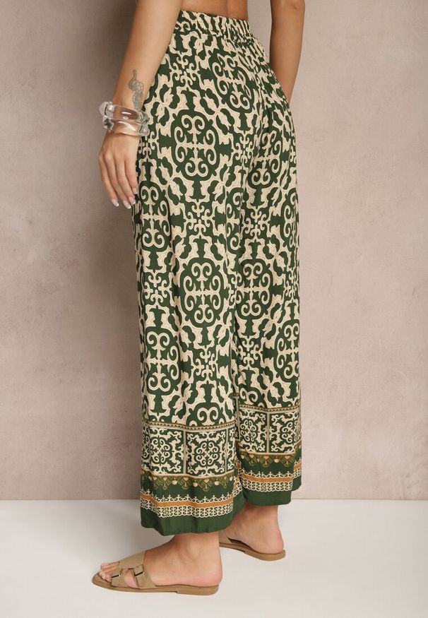 Renee - Zielone Szerokie Spodnie Culottes z Bawełny w Ornamentalny Print Lisanella. Okazja: na co dzień, na spacer. Kolor: zielony. Materiał: bawełna. Wzór: nadruk. Styl: casual, elegancki