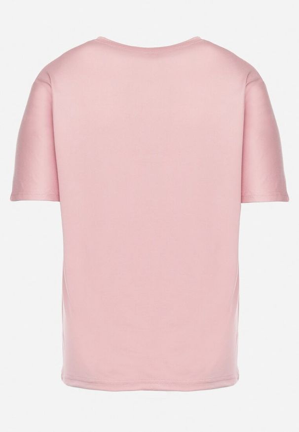 Born2be - Jasnoróżowy T-shirt z Ozdobnym Nadrukiem i Cyrkoniami Moariss. Okazja: na co dzień. Kolor: różowy. Materiał: jeans. Wzór: nadruk. Styl: elegancki, casual, klasyczny, wizytowy