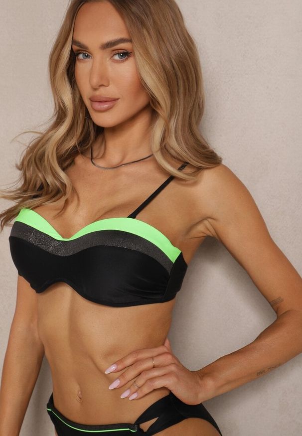 Renee - Zielono-Czarne Bikini z Metaliczną Nicią Usztywniany Biustonosz i Figi Mitelle. Kolor: zielony. Wzór: aplikacja