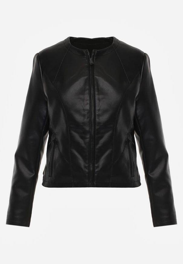 Renee - Czarna Kurtka w Stylu Gładkiej Ramoneski z Dekoltem Crew Neck Issanore. Okazja: na co dzień. Kolor: czarny. Materiał: poliester, skóra. Wzór: gładki. Styl: casual, klasyczny