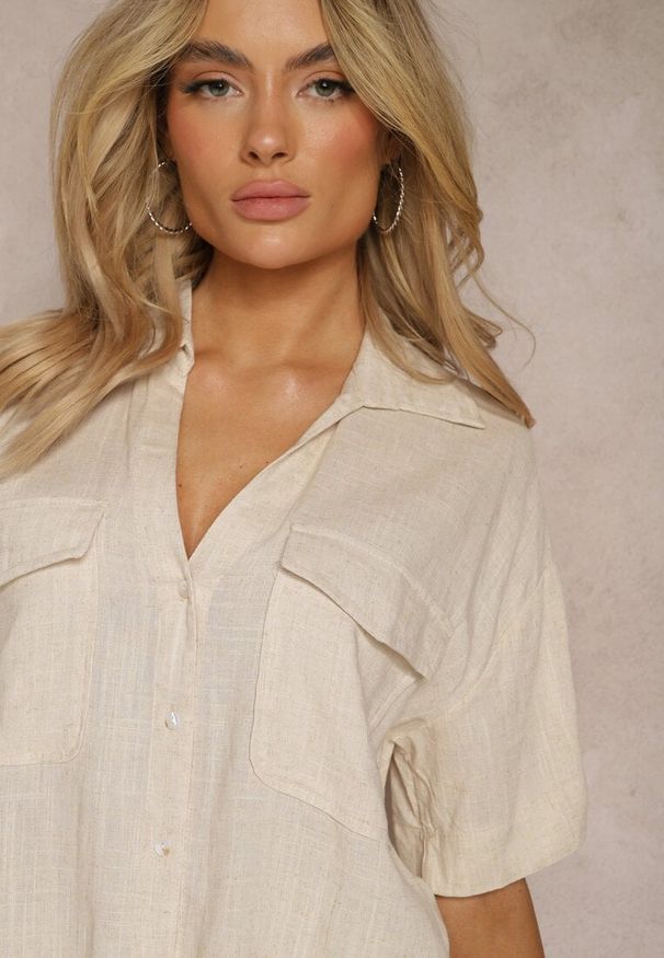 Renee - Jasnobeżowa Bawełniana Koszula z Lnem o Klasycznym Fasonie Leontia. Kolor: beżowy. Materiał: len, bawełna. Styl: klasyczny