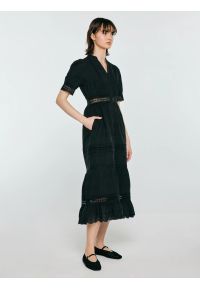 Big-Star - Sukienka damska midi z kwiatowym haftem czarna Aniela 906. Kolor: czarny. Materiał: bawełna, tkanina, koronka. Długość rękawa: krótki rękaw. Wzór: kwiaty, haft. Styl: klasyczny, elegancki. Długość: midi #4