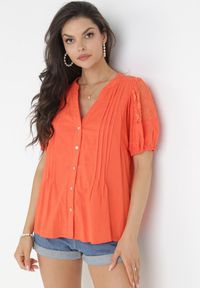 Born2be - Pomarańczowa Koszula Bawełniana z Krótkim i Bufiastym Rękawem Miria. Kolor: pomarańczowy. Materiał: bawełna. Długość: krótkie. Wzór: aplikacja #3