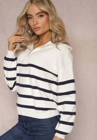Renee - Biało-Granatowy Golf Sweter ze Ściągaczami w Paski Zapinany na Suwak Likatte. Typ kołnierza: golf. Kolor: biały. Materiał: wiskoza. Wzór: paski #3