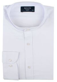 Koszula Taliowana na Stójce, Męska - Rigon - Biała. Typ kołnierza: kołnierzyk stójkowy. Kolor: biały. Materiał: bawełna, poliester, lyocell #3