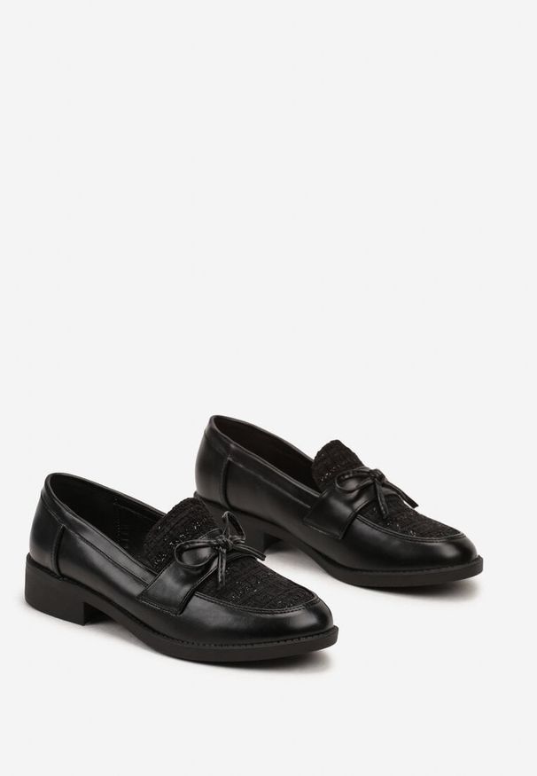 Born2be - Czarne Eleganckie Mokasyny z Tweedową Wstawką Ozdobione Metaliczną Nicią i Kokardką Virirae. Okazja: na co dzień, na spotkanie biznesowe, do pracy. Kolor: czarny. Materiał: jeans. Wzór: aplikacja. Obcas: na obcasie. Styl: elegancki. Wysokość obcasa: niski