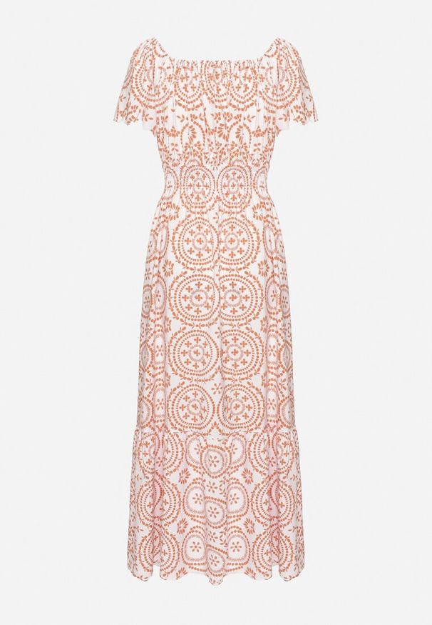 Born2be - Biało-Pomarańczowa Rozkloszowana Sukienka z Bawełną i Abstrakcyjnym Wzorem Ldivoria. Okazja: na spacer, na imprezę. Kolor: biały. Materiał: bawełna. Styl: elegancki