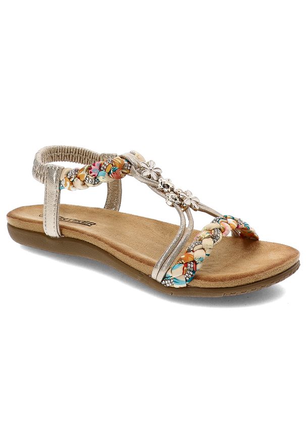 Złote Sandały Artiker Eleganckie Obuwie Damskie. Okazja: na spacer. Zapięcie: pasek. Kolor: złoty. Materiał: materiał. Wzór: paski, aplikacja. Sezon: lato. Styl: elegancki