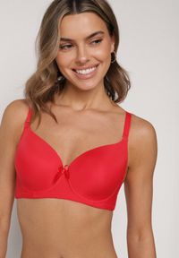 Born2be - Czerwony Gładki Biustonosz Zdobiony Kokardką Ocerien. Kolor: czerwony. Materiał: koronka. Wzór: aplikacja, gładki #1