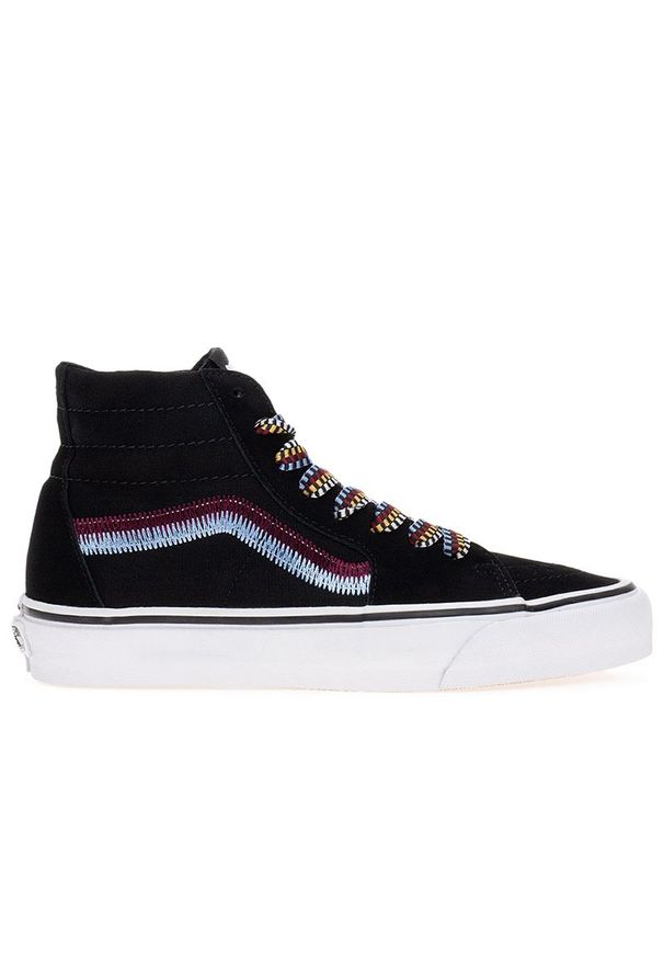 Buty Vans Sk8-Hi Tapered Embroidery VN0009QPBMA1 - czarne. Okazja: na co dzień. Wysokość cholewki: przed kolano. Zapięcie: pasek. Kolor: czarny. Materiał: zamsz, materiał, guma. Szerokość cholewki: normalna. Wzór: haft, paski. Model: Vans SK8