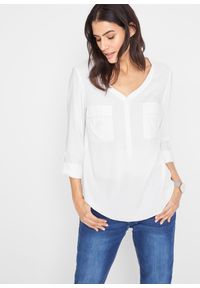 bonprix - Bluzka z wiskozy z dekoltem w serek, długi rękaw. Typ kołnierza: dekolt w serek. Kolor: biały. Materiał: wiskoza. Długość rękawa: długi rękaw. Długość: długie #1