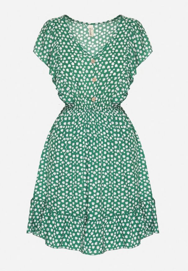 Born2be - Zielona Rozkloszowana Sukienka z Bawełny w Kwiaty z Guzikami Ronelle. Okazja: na co dzień, na randkę, na spacer. Kolor: zielony. Materiał: bawełna. Wzór: kwiaty. Typ sukienki: rozkloszowane, proste. Styl: casual, elegancki