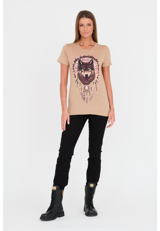 Guess - GUESS Brązowy damski t-shirt bawełniany z wilkiem, Rozmiar S. Kolor: brązowy. Materiał: bawełna. Wzór: nadruk